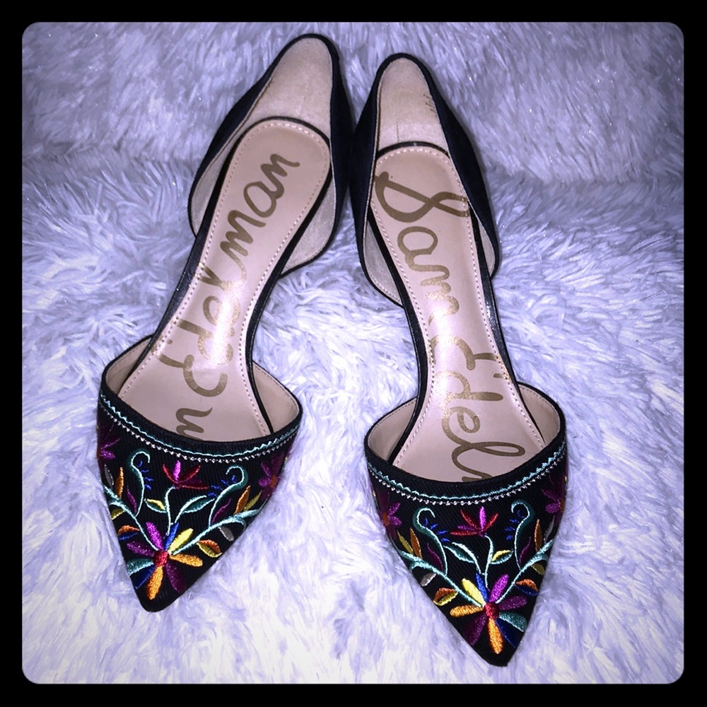 Embroidered suede pumps with 3 inch heel.